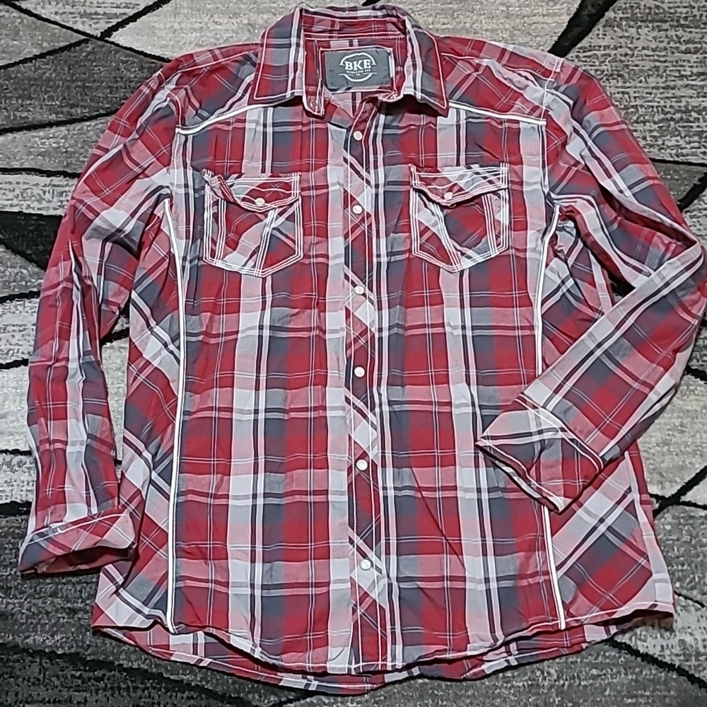 BKE  ATHLETIC FIT PLAID SNAP-BUTTON LONG-SLEEVE SHIRT